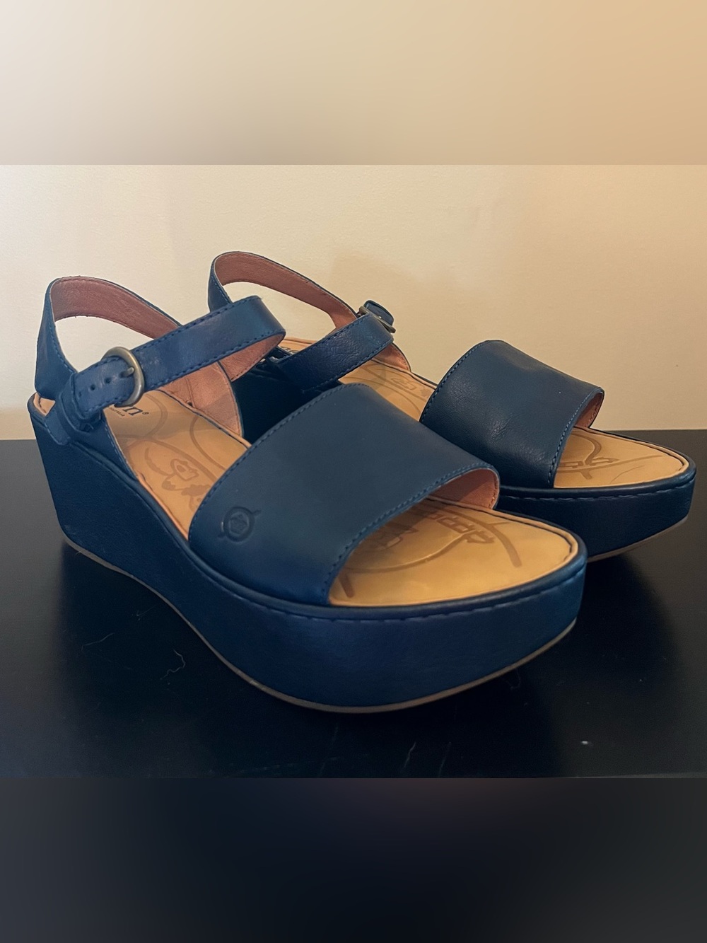 Børn Leather Platform Sandals with Ankle Strap Navy Size 11